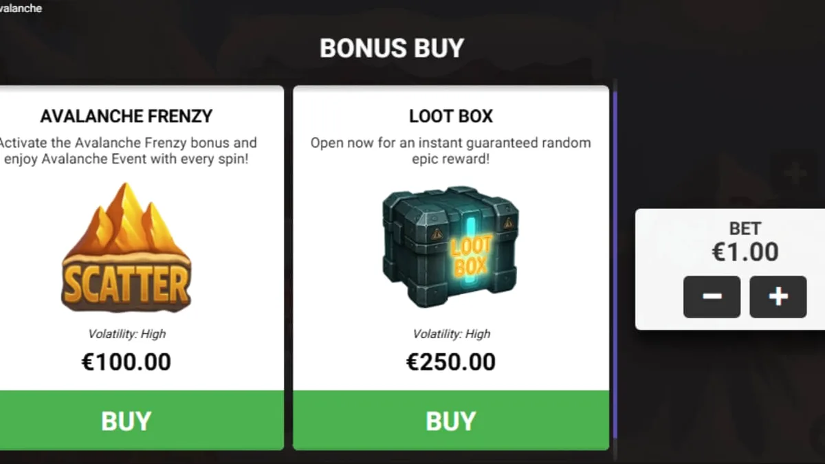 Pemandangan pegunungan bersalju dalam slot Avalanche dengan Yeti yang lucu