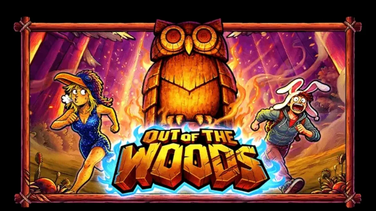 Pemandangan hutan misterius dengan elemen petualangan dalam slot Out of the Woods
